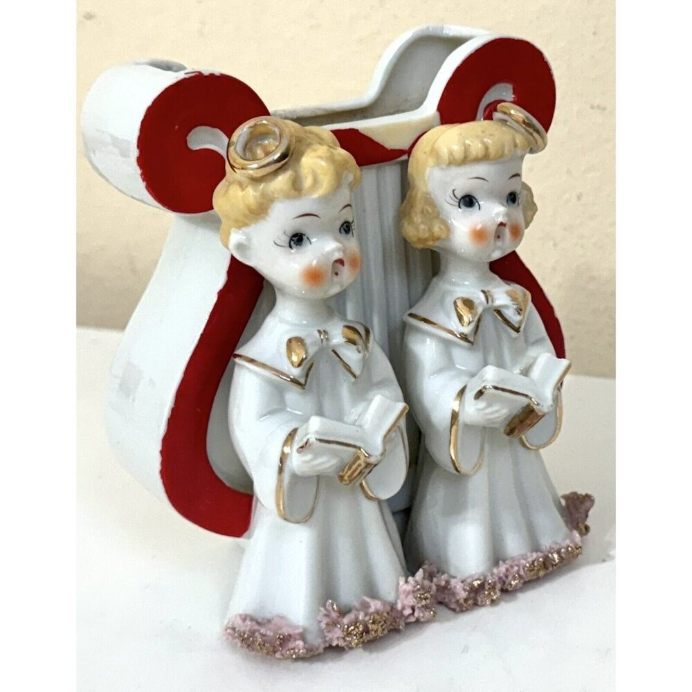 Pink Spaghetti Planter Christmas MCM Decor Boy Girl Angel Choir Sing Vintage - Picture 4 of 14